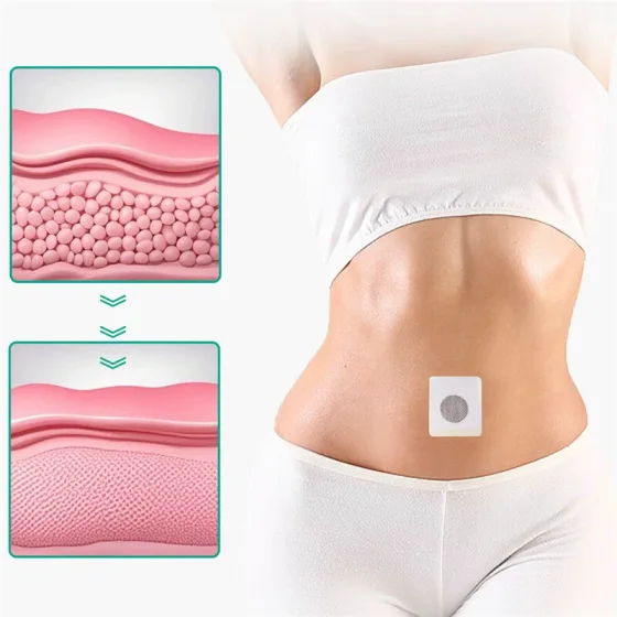 Diagram of fat cells before and after, beside a woman wearing a slim patch on her waist